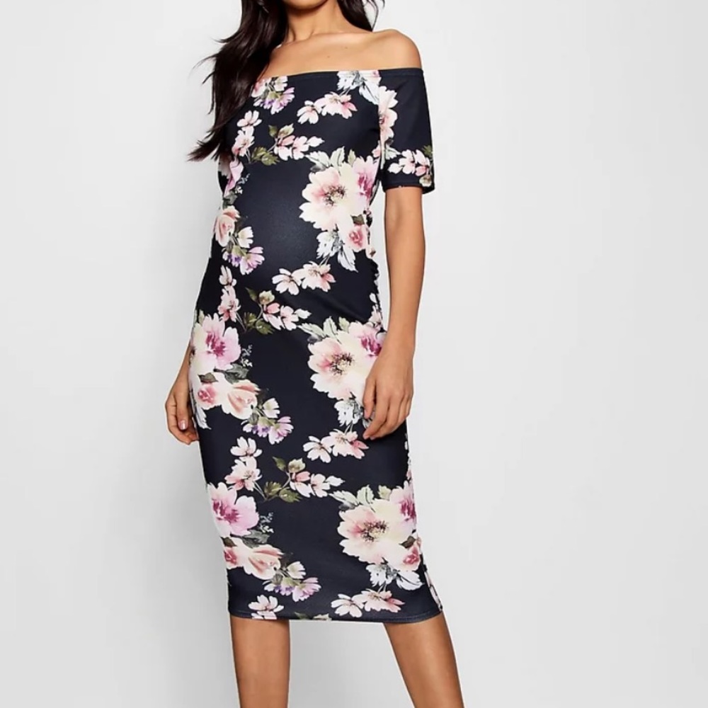Boohoo Maternity Off-Shoulder Floral Midi Dress